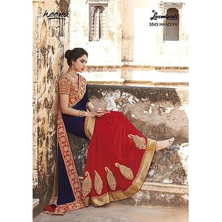 Apsara Paradise Blue & Red Georgette Embroidered Saree With Blouse