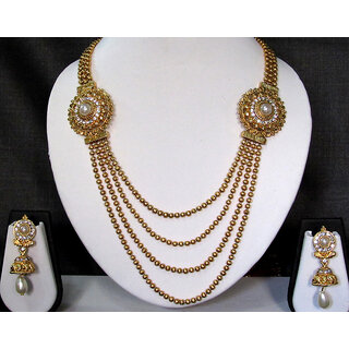                       Golden White stone round brooch necklace set                                              