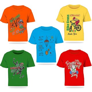 Pari  Prince Multicolor Printed Round Neck Cotton T-shirts For Kids (Set of 5)