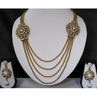                       Golden 2 side Pearl stone 4 line necklace set                                              