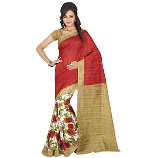                       Meia Red and Golden Cotton Block Print Saree With Blouse                                              