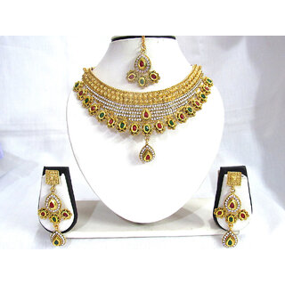                       Maroon Green Stone Kundan Wedding Necklace Set                                              