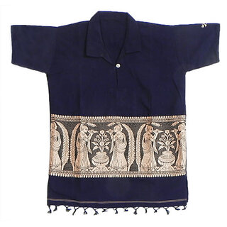                       Dark Blue Half Sleeve Short Kurta with Baluchari Weave Design                                              
