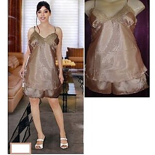                       Sleepwear Babydoll Top  ShortsSatin Matt Gold Bed Fun Bride 05 Night Set                                              