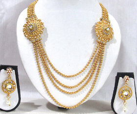 Golden White Stone 4 Line Brooch Necklace Set