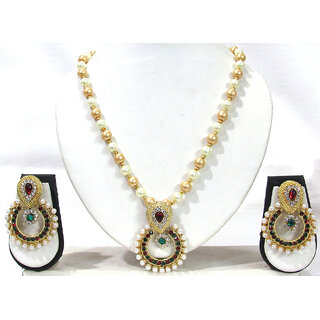 Maroon Green Stone Pendant Pearl Necklace Set