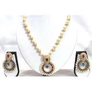                       Pink and Blue Stone Pendant Pearl Necklace Set                                              