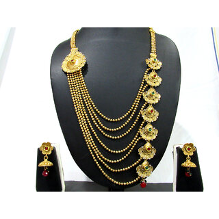                       Maroon Green Stone 7 Line 1 Side Brooch Necklace Set                                              