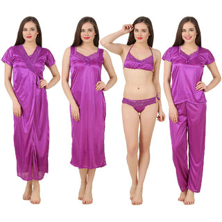 Fasense Women Satin Nightwear Sleepwear 6 PCs Set of Long Wrap Gown, Nighty, Top, Pyjama, Bra  Thong GT001