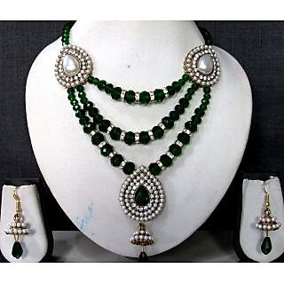                       Dark Green beads 3 line with pendant necklace set                                              