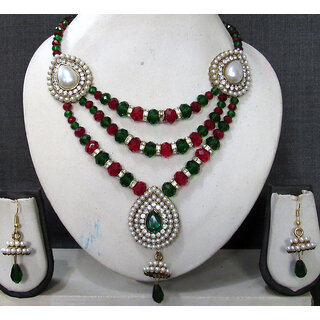                       Maroon Green beads 3 line with pendant necklace set                                              