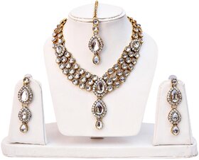 Lucky Jewellery 3-Line White Kundan  Set  With Mang Tika
