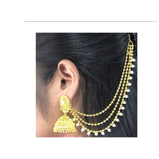 Golden Jhumka with Golden Pearl Ear Chain Earring