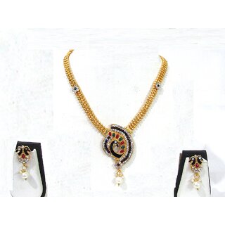                      Golden Maroon Green Stone Peacock Necklace Set                                              