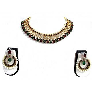 Maroon Green Glass Beads Disco Necklace Set Maroon Green Glass Beads Disco Necklace Set