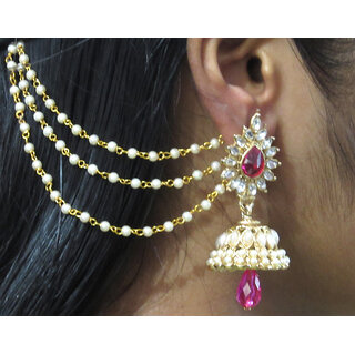 Dark Pink Drop Jhumka With Pearl Ear Chain Earring