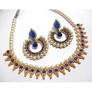 Dark Blue Pearl Leaf Tilak Polki necklace set Dark Blue Pearl Leaf Tilak Polki necklace set