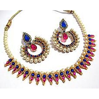 Pink and blue stone Leaf Tilak Polki Necklace set Pink and blue stone Leaf Tilak Polki Necklace set