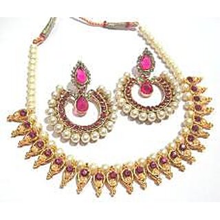                       Dark Pink Stone Leaf Tilak Polki Necklace set                                              