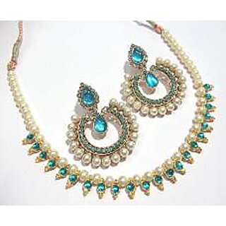                       Sky blue tilak pearl polki necklace set                                              