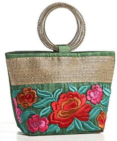 Aapno Rajasthan Green Raw silk Bucket Clutch (1 Pocket).