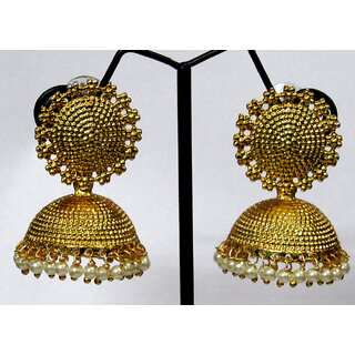                       Golden Royal Looking Pearl Drop Jhumka Earring                                              