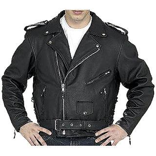                       Men's Black Leather Regular Fit Biker Jacket - JG336                                              