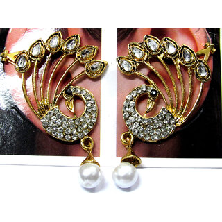 White Drop Kundan Peacock Ear Cuff Earring White Drop Kundan Peacock Ear Cuff Earring