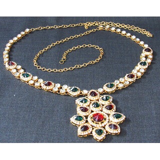                       Maroon Green Stone Flower Waist Belt                                              