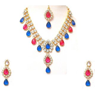                       Blue and pink Two Line Drop Necklace Set                                              