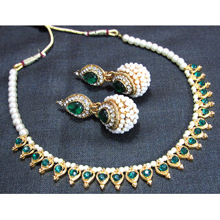                       Green Stone Heart Pearl Gota Necklace Set                                              
