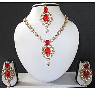                       White Drop Red Stone Necklace Set                                              