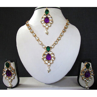                       White Drop Purple Green Stone Necklace Set                                              