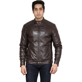 Gauri Full Sleeves Solid Mens Leather Jacket Brown