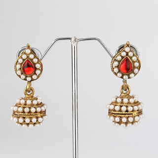                       Red leaf pearl jhumki earring                                              