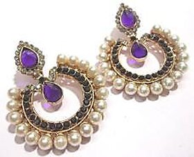 Purple stone Tilak pearl polki earrings