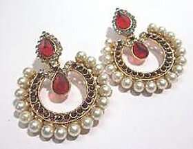 Maroon stone pearl polki earrings