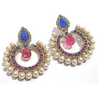                       Pink and blue tilak pearl polki earrings                                              