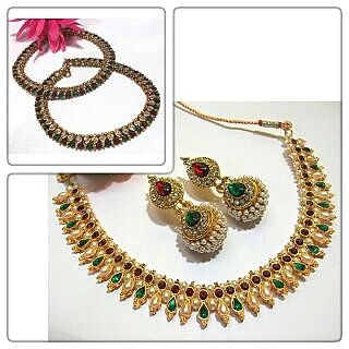 Maroon and Green Pearl Necklace set with Anklet