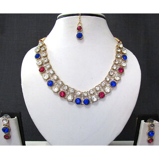                       Pink And Blue Stone Necklace Set                                              
