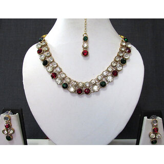                       Maroon And Green Stone Necklace Set                                              