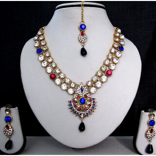                       Wow Nice Pink and Blue Stone Necklace Set                                              
