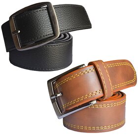 Sunshopping Men Brown and Black Leatherite Pin-Hole Buckle Belt Pack of 2
