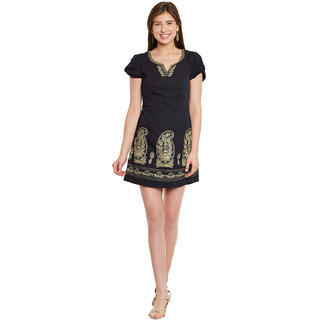                       Short Sleeve Embroidered Cotton Dress - Black                                              