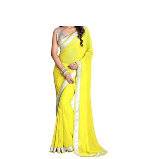                       Designer Yellow Colour Chiffon Fabric Sarees With Silver Goto Blouse For Womens                                              