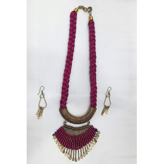                       Golden Fishtail Magenta thread fancy necklace set                                              