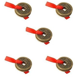                       5 Sets Of 3 Lucky Coins Tied In Red Ribbon - Feng Shui                                              