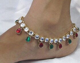 Maroon green kundan white stone anklet
