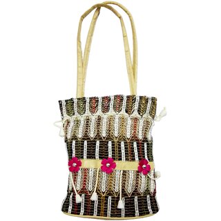 Beautifully Handmade Jute handbag With Pink Flower