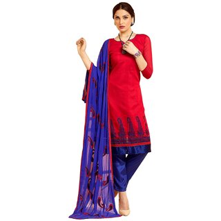 Woman,s Red Colour Chanderi Embroidery Unstitched Dress Material.